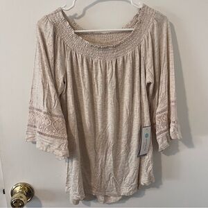 Daniel Rainn Korah Scoop Neck 3/4 Sleeve Beige Boho Blouse Short Sleeve Medium